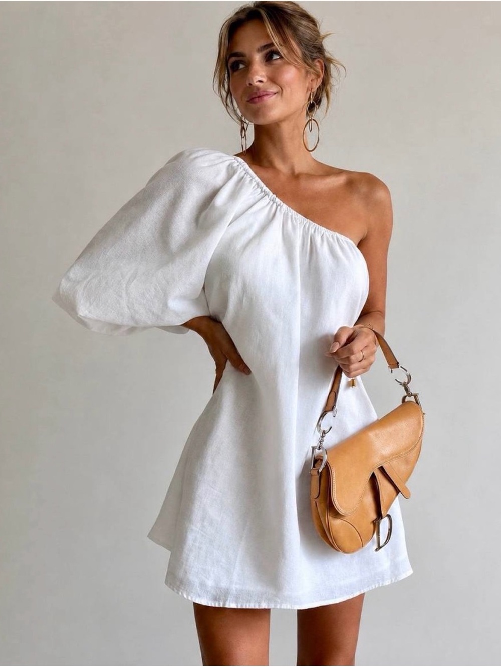 Commense One-Shoulder White Mini Dress with Puff Sleeve